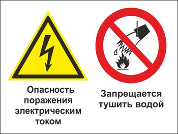 КЗ 95  опасность поражения электрическим током. запрещается тушить водой. (пластик, 600х400 мм) - Знаки безопасности - Комбинированные знаки безопасности - Магазин охраны труда ohranatruda-shop.ru